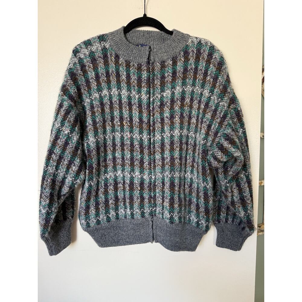 Vintage LeRoy Knitwear Wool Blend Zip Sweater Mens M Gray 90s Textured Fuzzy